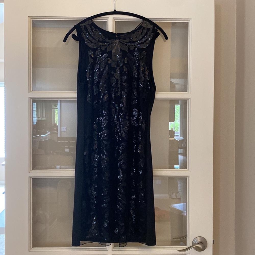 NEW HALE BOB BLACK SEQUIN DRESS LIGHT KNIT BACK SLEEVELESS LINED FRONT PATTERN